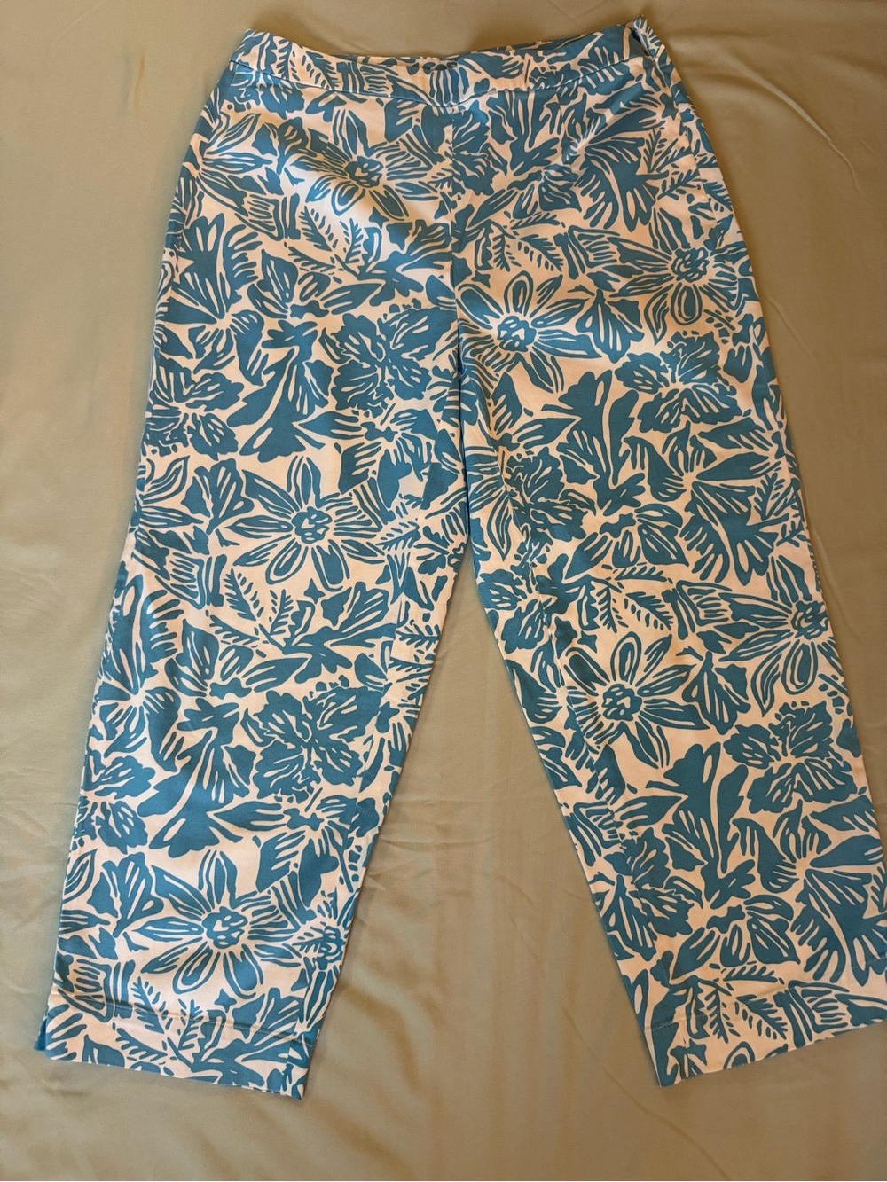 Talbots Petites 4P Stretch Blue White Floral Tropical Side Zip Cropped/Capri